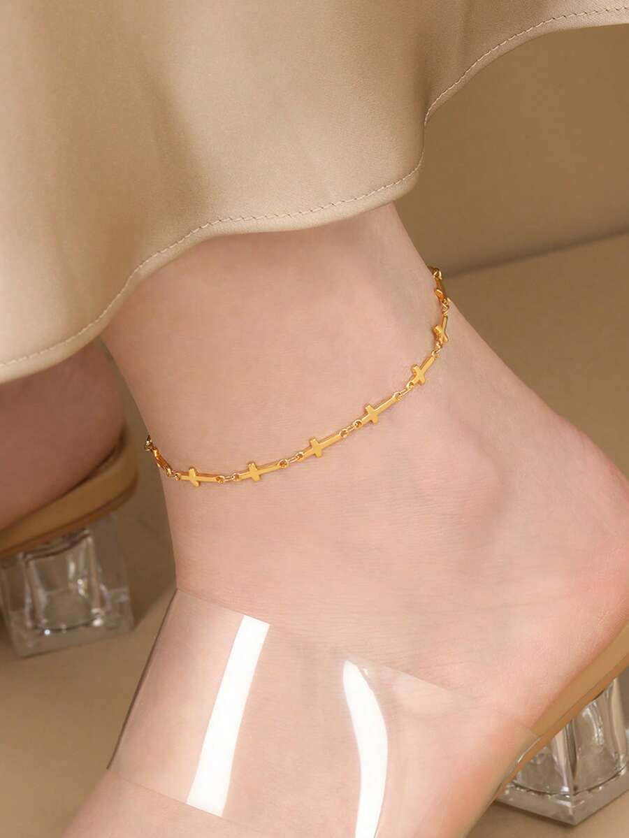 Nooxian 1 pieza Joyería Estilo bohemio de playa para mujer Tobillera de acero inoxidable resistente al agua y a la con múltiples cruces, accesorio diario como regalo (Cantidad de cuentas de cruz al azar)