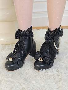 Platform Sweet Bow  Ankle Boots For Women Lace Goth Chunky Mid Heel Boots With Pearl Comfort Lace Up Princess Booties - Black - View 5