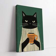 Vintage Minimalist Black Cat Cafe Canvas Art Decor, Green & White Stripes, Playful Cat Holding Coffee Cup, Suitable For Kitchen, Bedroom, Office And Cafe - High Quality Canvas Poster, Cat Decoration - Multicolor - View 3