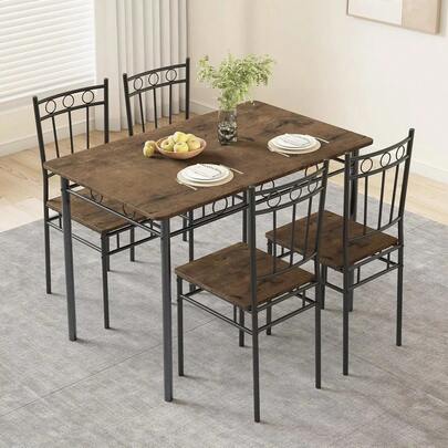 Juego De Mesa De Comedor Rectangular Con 4 Sillas Marrón