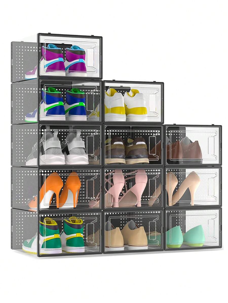 12 Pack XX-Large Shoe Storage Organizer For Closet, Modular Space Saving Shoe Boxes Clear Plastic Stackable Containers Display Case Bins With Lids, Shoe Rack For Sneaker Storage, White - XXL - Black - View 1
