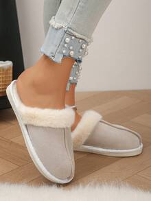 Pantuflas casuales para mujer talla grande 36-45, de tela de unicolor con forro de felpa, parches beige con piel esponjosa, zapatos cómodos para la casa en invierno, cálidos y gruesos, disponibles en varios colores