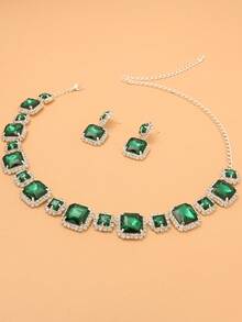 STONEFANS طقم قلادة وأقراط مربعة فضية، إكسسوارات زفاف، طقم مجوهرات عروس بتصميم بلوري أخضر