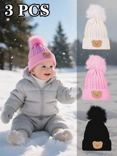 3顶婴儿冬季针织帽，舒适柔软，男女宝宝通用