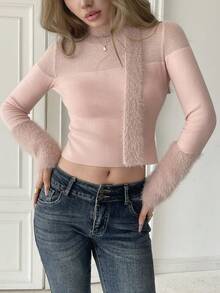 Suéter semitransparente rosa para mujer ARA CHIC - Mangas abullonadas con paneles de piel sintética de visón, capa base ajustada, estilo dulce y cautivador para citas, cumpleaños y reuniones, nueva colección de otoño e invierno