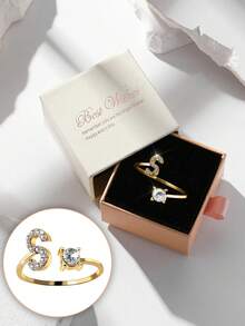 礼盒装 26 字母奢华水钻金色开口戒指，适合女性婚礼订婚派对生日礼物 - 金色 - 查看 17