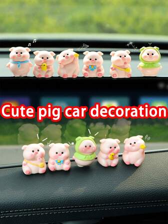 6 件可爱猪汽车仪表盘装饰 - 树脂微型小雕像，适用于汽车内饰中心控制台、家居和办公桌装饰、迷人汽车饰品和礼品、汽车配件、汽车装饰、汽车内饰配件、汽车必需品、汽车用品