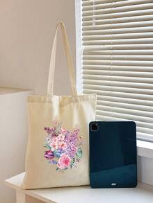 Bolsa de compras reutilizable de gran capacidad con estampado floral - Beis - Ver 3