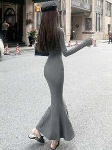 女式V领修身鱼尾裙 - 灰色 - 查看 5