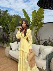 Women's Long Chiffon Dress With Long Sleeves, V-Neck, Ruffled Hem And Lining - 黃色 - 查看 4