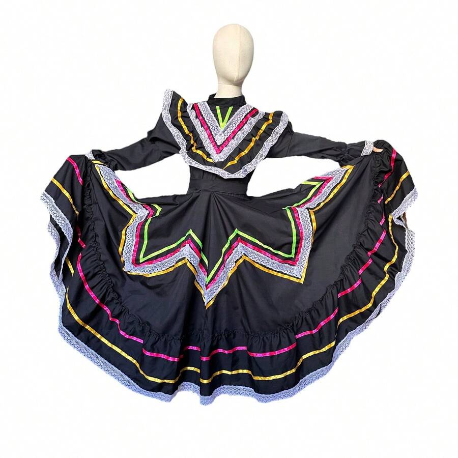 Vestido Jalisco Traje Tipico Niña Folklor Mexicano Festival Escolar Vestuario Jalisciense Disfraz Vestido Guadalajara - Negro - Ver 1