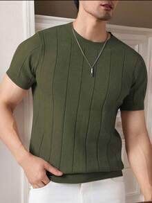 Men's Casual Crew Neck Solid Color Short Sleeve Knit T-Shirt - Green - View 6