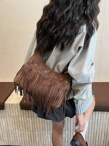 HAILIAN 1 件女士流苏简约复古纯色绒面革单肩包，大容量便携式斜挎包，适合通勤、购物、派对、秋冬 - 查看 3