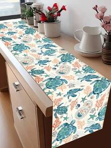1pc Sea Turtle Themed Printed Table Runner, 4pcs Animal Sea Turtle Printed Placemats, Suitable For Holidays, Parties, Birthdays, Dinners, Kitchen & Dining Room Table Decor, All Season Home & Living Decor