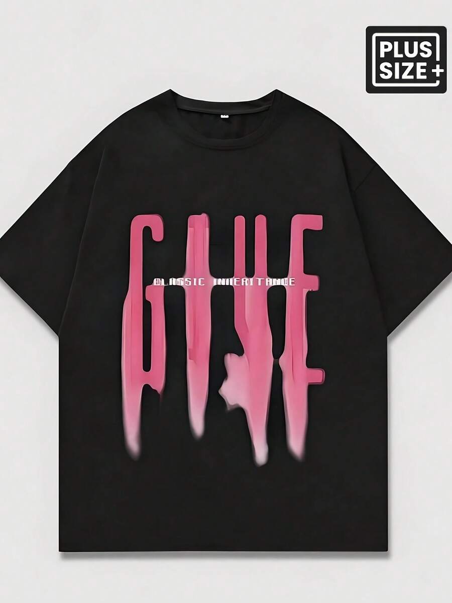 Black T - Shirt With Pink GLUE And CLASSIC INHERITANCE Text,Casual Print,Comfortable And Versatile,Letter Pattern Pure Cotton 220g Printed T-Shirt,Unisex Style - Kiểu 3 - Xem 1