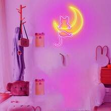 Cat & Moon Personalized Neon Lights, LED Glowing Signs Game Room Sign Wall Art Arcade Decor, Bedroom, Living Room, Bar, 5 Volt USB Powered, Level 10 Dimmer - 貓+月亮-41x30cm - 查看 5