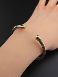 1pc Classic Minimalist 5mm Stainless Steel Cable Twist Adjustable Open Bangle, 18K Gold Plated, Suitable For Women's Daily Wear