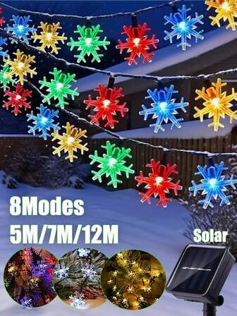 1pc 20/50/100 LED Solar String Lights,Fairy Light,Christmas Decoration,Solar Snowflake Light String Outdoor Waterproof , 16.4Ft 5M /23Ft 7M /39Ft 12M With 8 Flashing Modes For Indoor And Outdoor Christmas Trees, Fences, Houses, Stairs, Streets, Gardens,Balcony , Holiday Decoration, Decorative Light