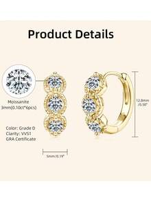 XUJIA 1pair Retro Classic Moissanite Hoop Earrings For Women 925 Sterling Silver 3mm(0.10ct*6pcs) Round Cut Moissanite Earrings Birthday Anniversary Engagement Wedding Jewelry Gifts