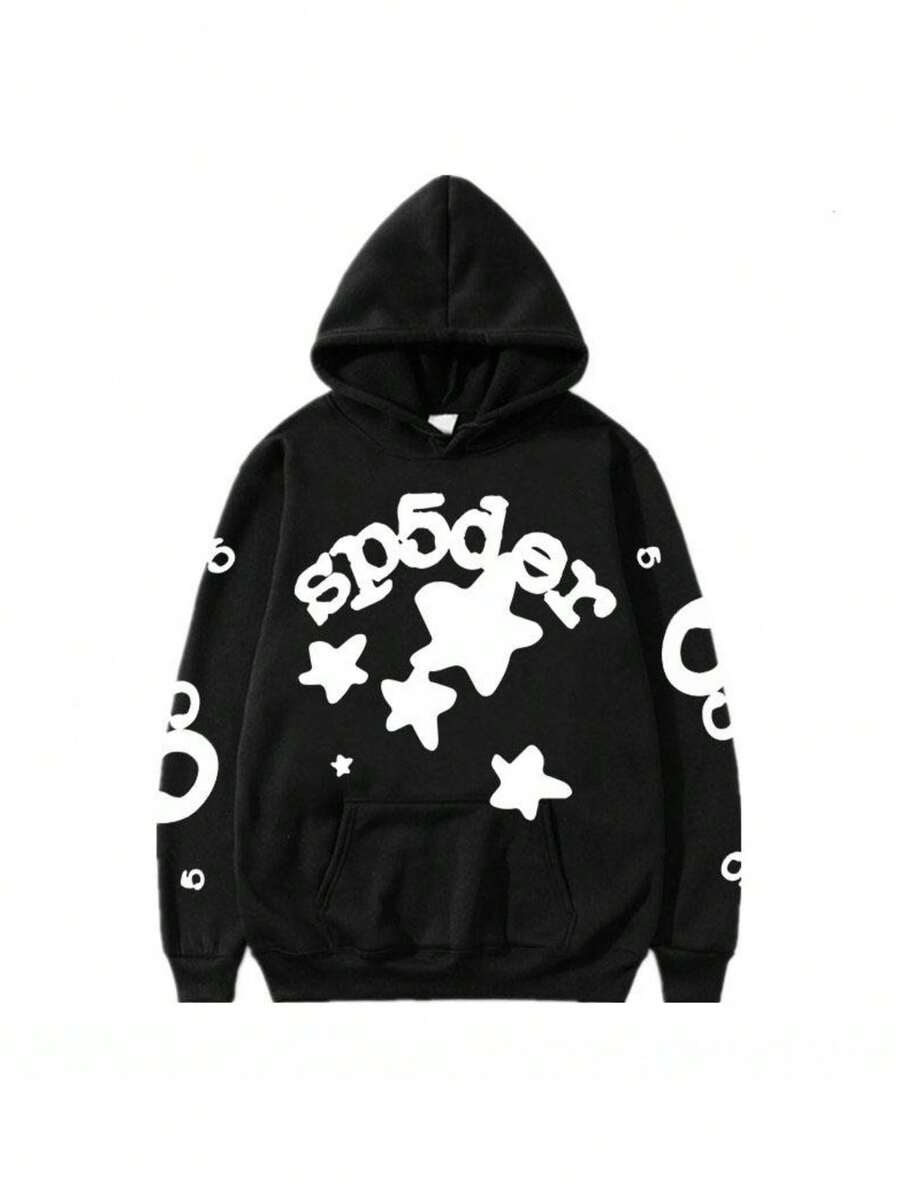 Hip-Hop Star Pattern Hoodie, Y2K Retro Pullover With Star Print. Suitable For Both Men And Women With Large Pockets. Suitable For Couples And Halloween Costumes. - màu đen - Xem 1