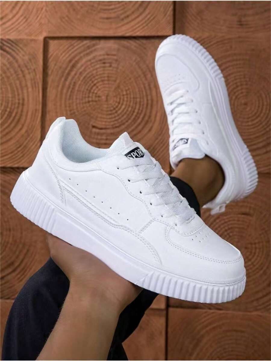 新款男士厚底滑板鞋时尚韩版四季运动鞋时尚透气小白鞋平底滑板鞋百搭运动鞋 - 白色 - 查看 1