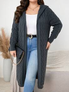 Plus Size Hooded Midi Cardigan With Cable Knit And Rib Knit Long Sleeves Open Front Non-Stretch Knitwear