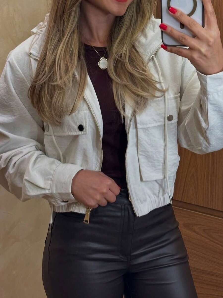 Women's Windbreaker Jacket With Double Lining, Front Pockets, Button Detail On The Cuff And Hood - MM Modas Oficial - trắng - Xem 1