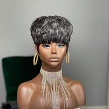 Short Wig For Women Human Hair Salt And Pepper Short Wigs For Black Women 34# Layered White Black Mixed White Color Pixie Cut Wig For White Women Layered Wigs With Bangs None Lace Front Full Machine Made Wig Easy To Wear Human Hair Grey Wig For Thanksgiving Day,Christmas,Daily Use