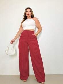 A&DD MODA, REF: H932(PLUS SIZE) - Plus Size Women's Striped Pants, Stylish Plus Size, High Waist, Wide Leg, Elegant, Casual, Formal, Lightweight, Modern, Comfortable, Women's Pants, Lightweight Fabric, Striped Print, Simple Look, Versatile, High Quality ✨ - 酒紅色 - 查看 3
