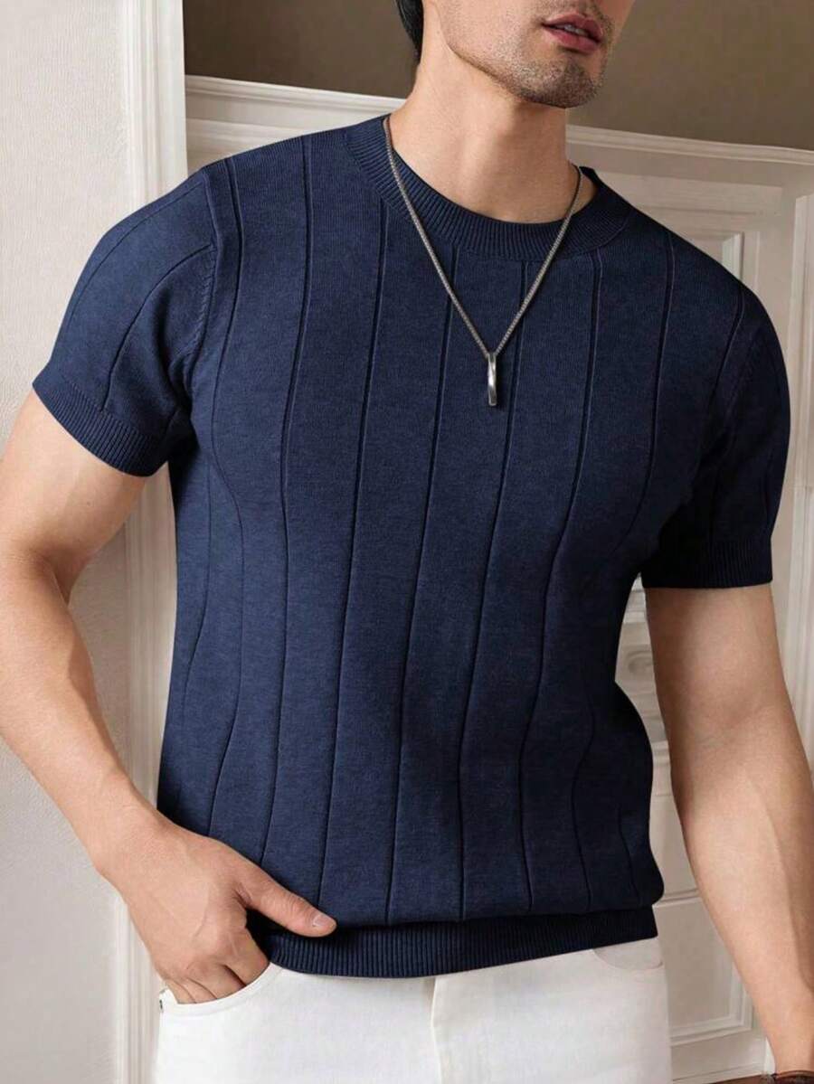 Men's Casual Crew Neck Solid Color Short Sleeve Knit T-Shirt - Navy Blue - View 1