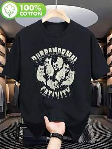 Men's Vintage Spooky Cat Paranormal Activity T-Shirt - 100% Cotton Black Funny Haunted House Party Tee With Cats & Paranormal Society Design, Casual Round Neck Shirt For Hunting Events & Casual Attire, Relaxed Fit For Spring/Summer/Fall, Machine Washable, Ideal Gift For Paranormal Enthusiasts,Nightmare Before Christmas,Christmas,Halloween Costumes,Funny T Shirts,Summer Outfits,Thanksgiving Day,Men Graphic Tees,Streetwear Men - 黑色 - 查看 1