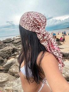 1 pieza Pañuelo de mujer con estampado de leopardo, 90cm*90cm, adecuado para fiesta y viaje - Caqui - Ver 6