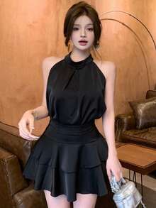 女式无袖挂脖背心和荷叶边下摆迷你裙两件套夏季 - 黑色兩件套 - 查看 7