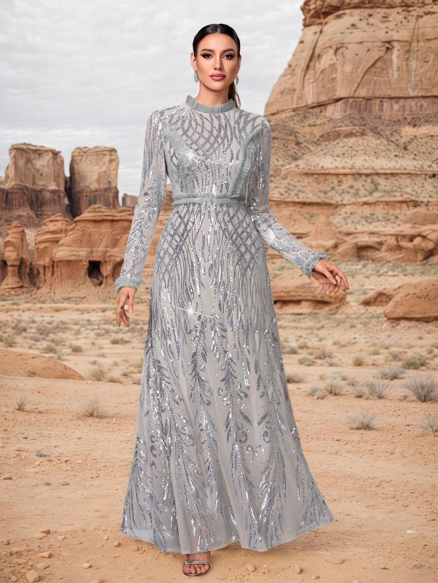 女士立领优雅长款晚礼服，饰有刺绣亮片，领口和袖口饰有花卉蕾丝花边，适合情人节、婚礼、春季派对等场合。 - 灰色 - 查看 1