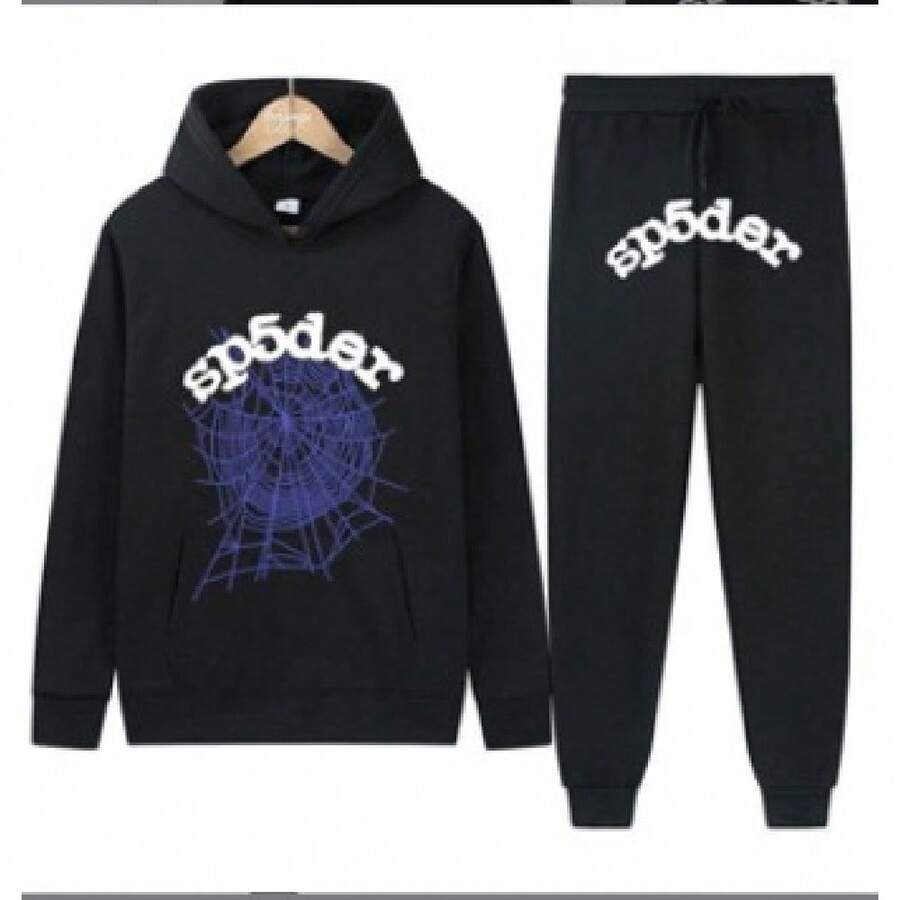 American Hip-Hop Singer Letter Print Couple Sweatshirt Unisex Hoodie Set Black Casual Wear Vacation Wear Streetwear Fabric - 22黑色 - 查看 1