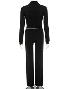 2pcs Women's Fashion Cropped Hoodie Top And Flare Pants Set, With Zipper And Drawstring Details - Brown - View 10