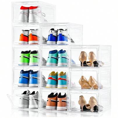 Upgraded X-Large Shoe Organizer,Shoe Storage Organizer,12 Pack,Shoe Box Clear Plastic Stackable,Drop Front Shoe Box With Clear Door, Shoe Containers For Sneaker Display,Fit Up To US Size13