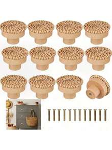 1/2/4 件藤条编织圆形木把手，木藤条旋钮，木制抽屉旋钮手工编织波西米亚风柳条拉手，适用于梳妆台、厨柜、衣柜、鞋柜、门家具五金 - 彩色 - 查看 1