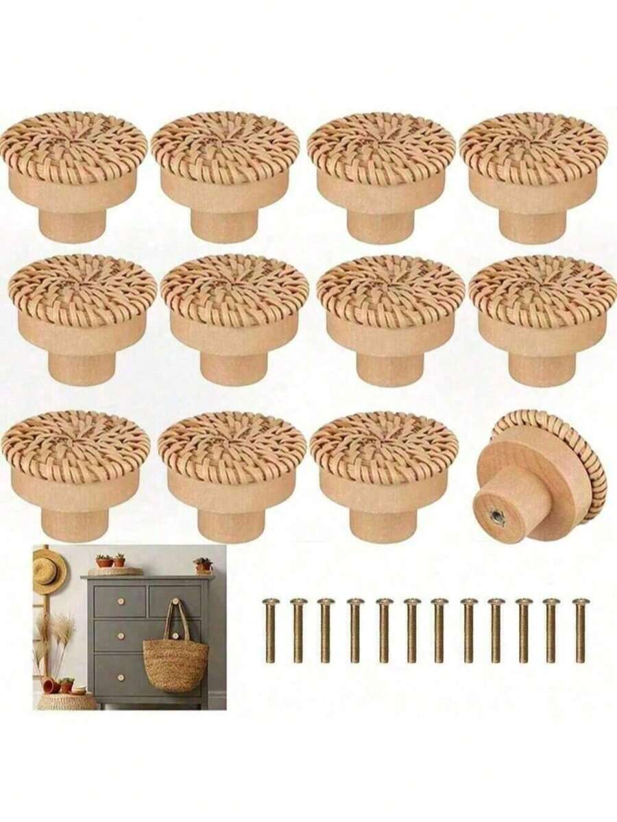 1/2/4 件藤条编织圆形木把手，木藤条旋钮，木制抽屉旋钮手工编织波西米亚风柳条拉手，适用于梳妆台、厨柜、衣柜、鞋柜、门家具五金 - 彩色 - 查看 1