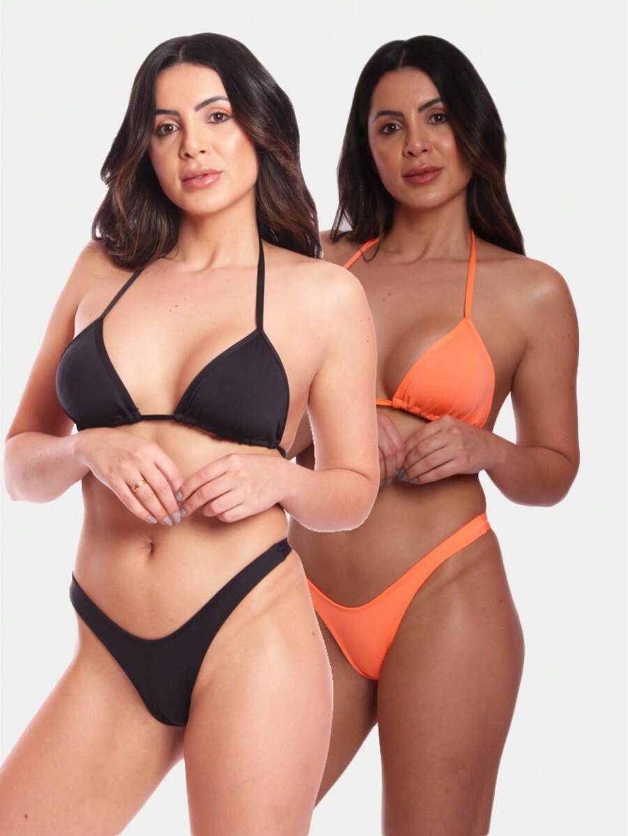 KIT 2 Bikini Thong Panties Delta Wing Beachwear Summer Casual Look Women's Fashion - 黑色和橙色 - 查看 1