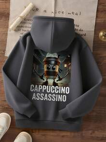 1pc Tween Boy Casual Printed Pullover Sweatshirt, Thermal Lined, Long Sleeve, Autumn/Winter - Dark Grey - View 3