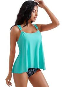 High Waisted Ruffle Tankini Swimsuit Plus Size Tummy Control - Aqua Blue Floral - View 8
