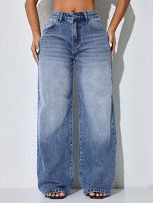 Low-Waist Wide-Leg Casual Blue Jeans With Slant Pockets And Curved Hem For Women - Blue - View 3