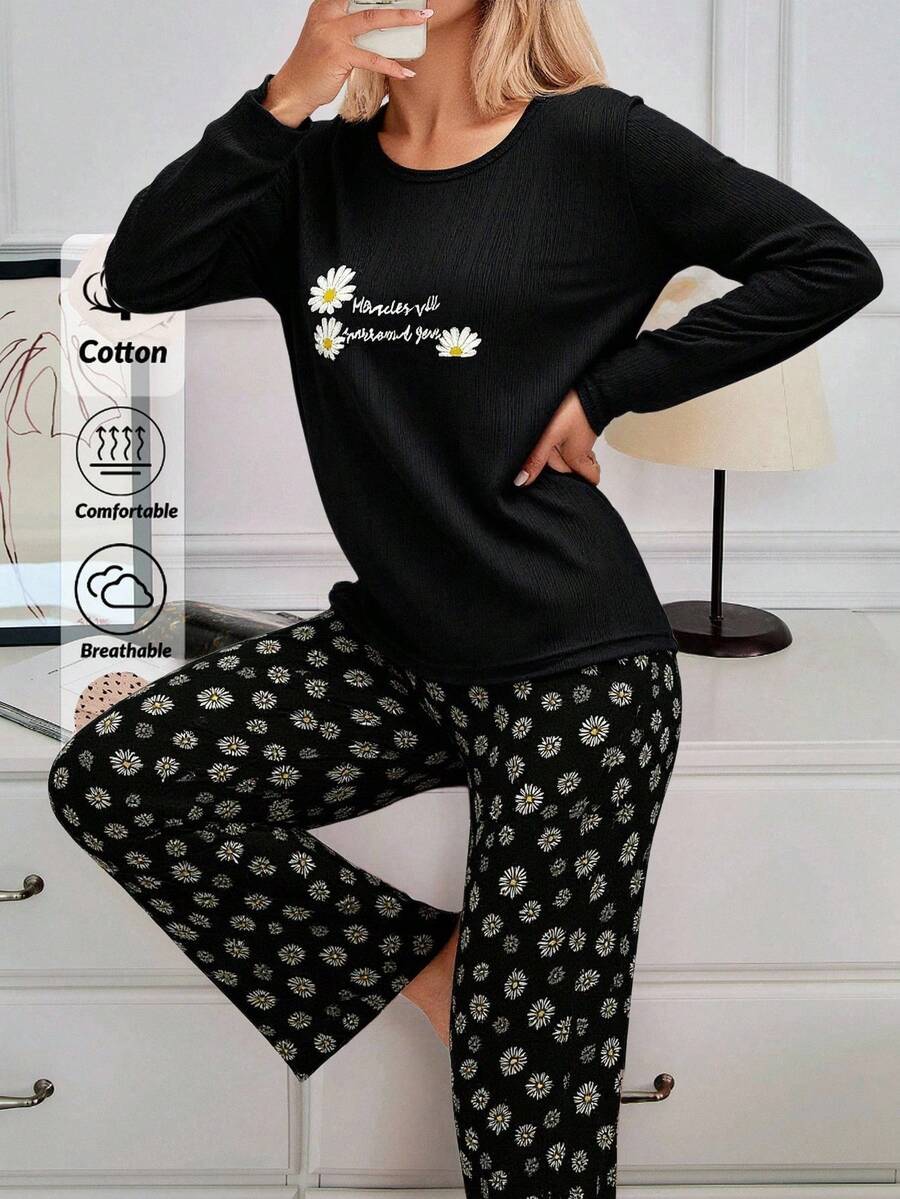 Mirano Slogan Print Short Sleeve Top & Cherry Pattern Long Pants Pajama Set - Black - View 1