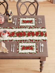 1 pieza/Set de 5 piezas Camino de mesa de Navidad con flor de Pascua, estilo moderno rústico, decoración perfecta para fiestas navideñas, decoración del hogar y cocina, para interiores y exteriores