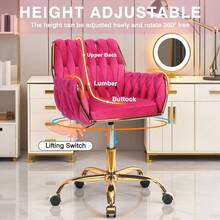 Velvet Modern Home Office Vanity Chair, 360° Swivel Adjustable Height Makeup Desk Chair With Golden Base And Hand Woven Backrest For Bedroom/Study/Vanity - 玫紅色 - 查看 3