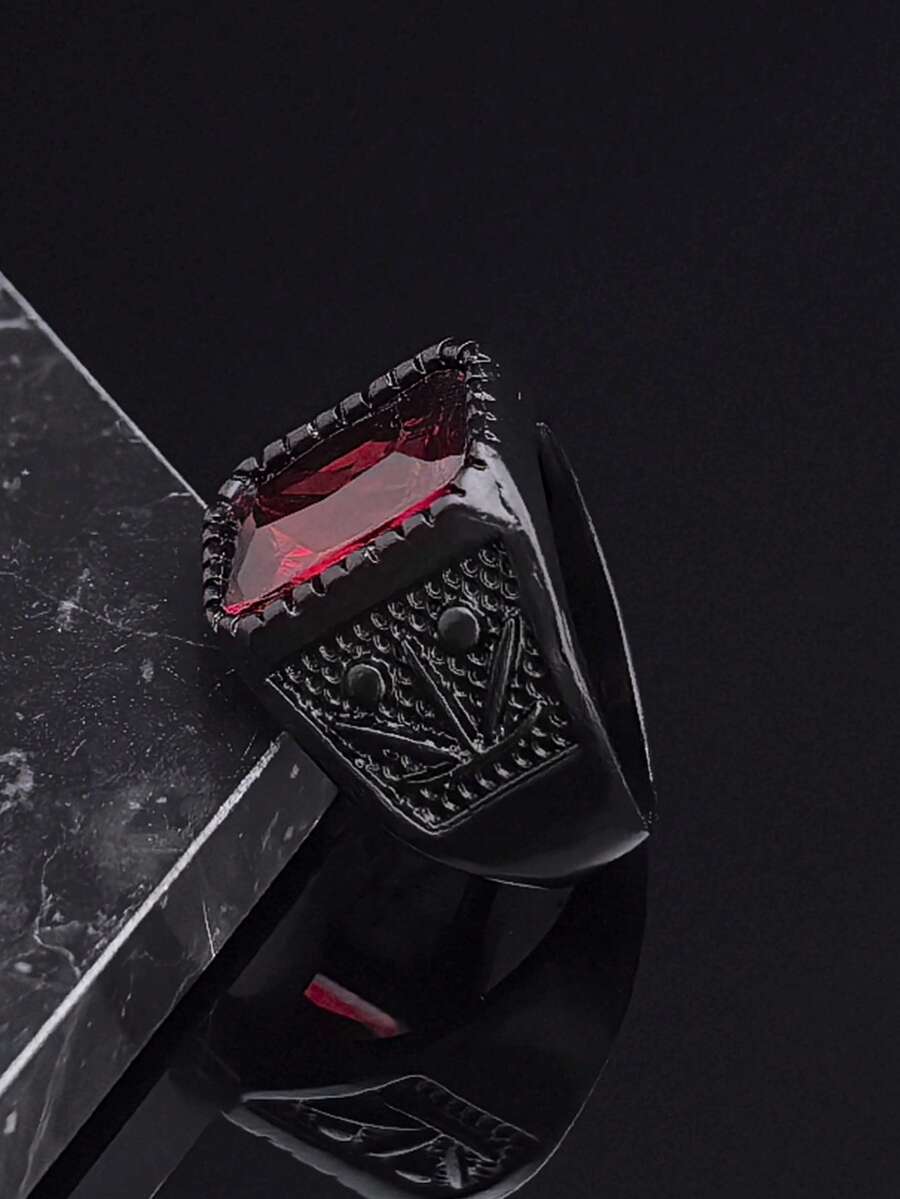 SEEKGLEE 1pc Fashion Red Gemstone High Quality Stainless Steel Ring Men's Classic Red Gemstone Ring - Red - View 1
