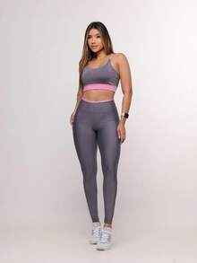 Premium Suplex Fitness Set With Pants And Non-Transparent Cup Top, Fitness Gym Clothing Kit, High Compression Leggings - 雙色灰色 - 查看 3