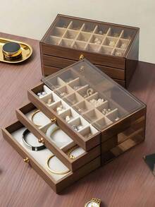 三层首饰盒，木质首饰收纳盒，亚克力首饰整理盒，复古风格首饰盒，抽屉式首饰盒，化妆品收纳盒，首饰展示整理盒，可展示戒指、耳环、项链、手镯，母亲节礼物，伴娘礼物，生日礼物，送给朋友和老师的礼物，女士理想礼物