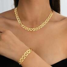 مجموعة مجوهرات عقد + سوار أنيقة بسيطة، طراز معدني أنيق بسيط، سبيكة حديد بشكل هندسي مربع، سلسلة كوبية مربوطة، مناسبة للاستخدام اليومي والشارع والمهرجانات، هدية للأصدقاء، إكسسوار متعدد الاستخدامات